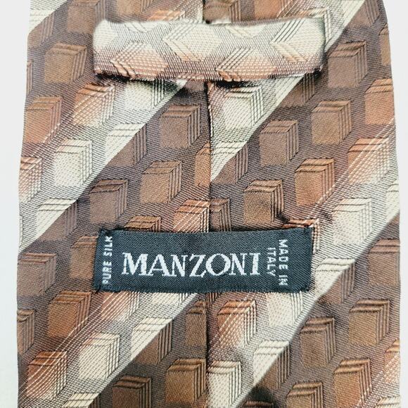 Silk Manzoni Men's Brown and Cream Neck Tie - Elegant Academia Professional - Picture 4 of 6